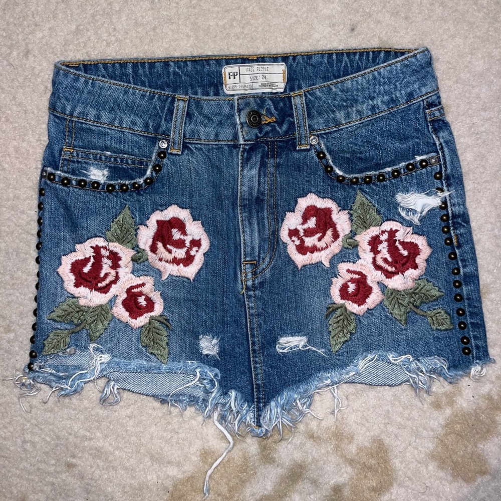 Free People Embroidered Denim Skirt